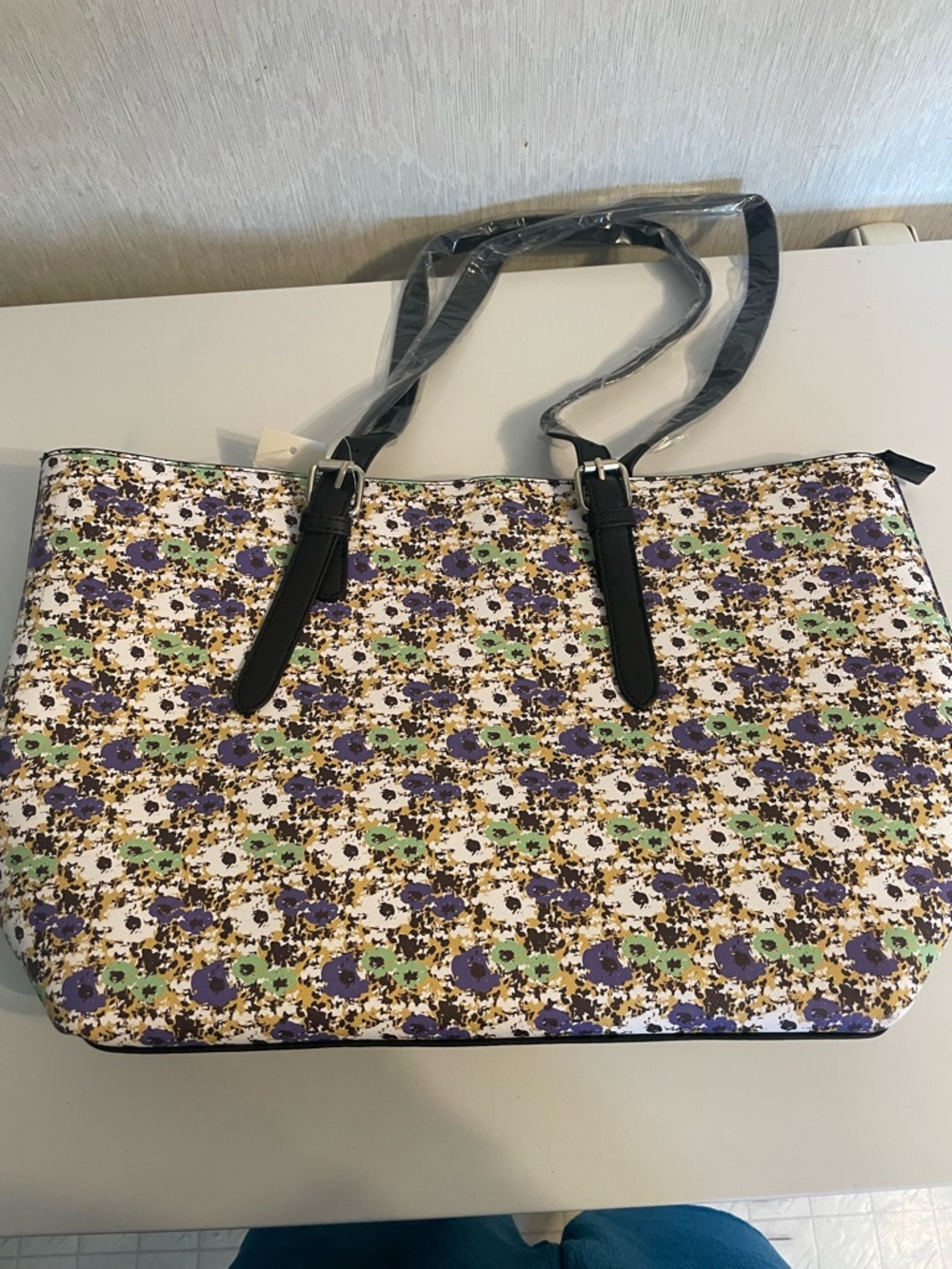 Floral Pattern Tote Bag with Black Straps